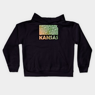 Colorful mandala art map of Kansas with text in green and orange Kids Hoodie